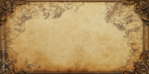 Ornate medieval kingdom map with hand-drawn terrain, vintage style, upper half for text. photo