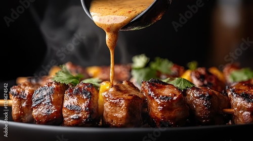Succulent pieces of grilled meat are drenched in a savory sauce, highlighted by fresh herbs, evoking warmth, satisfaction, and culinary mastery. photo