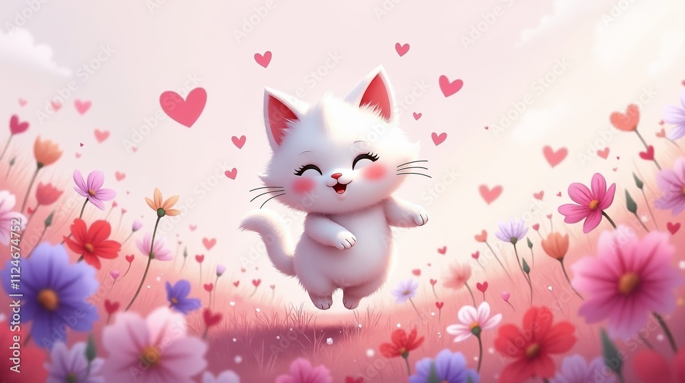 Cute white kitten jumping in a colorful flower field with hearts, cheerful and playful atmosphere
Cute white kitten jumping in a colorful flower field with hearts, cheerful and playful atmosphere