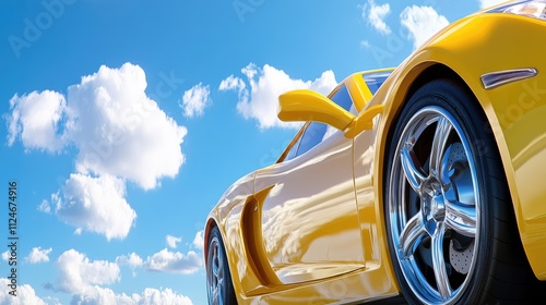 A sleek yellow sports car with modern design parked against a bright blue sky and playful clouds.
