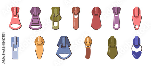 Pullers and zippers for clothes and garments. Vector in flat style, isolated set of simple plastic or metal components for fastening piece of clothing in tailoring. Opening and closing lock
