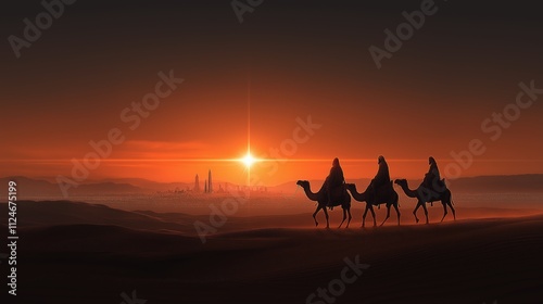 The three magis riding camels across a vast desert, guided by the bright star of Bethlehem, with the city glowing in the distance. photo