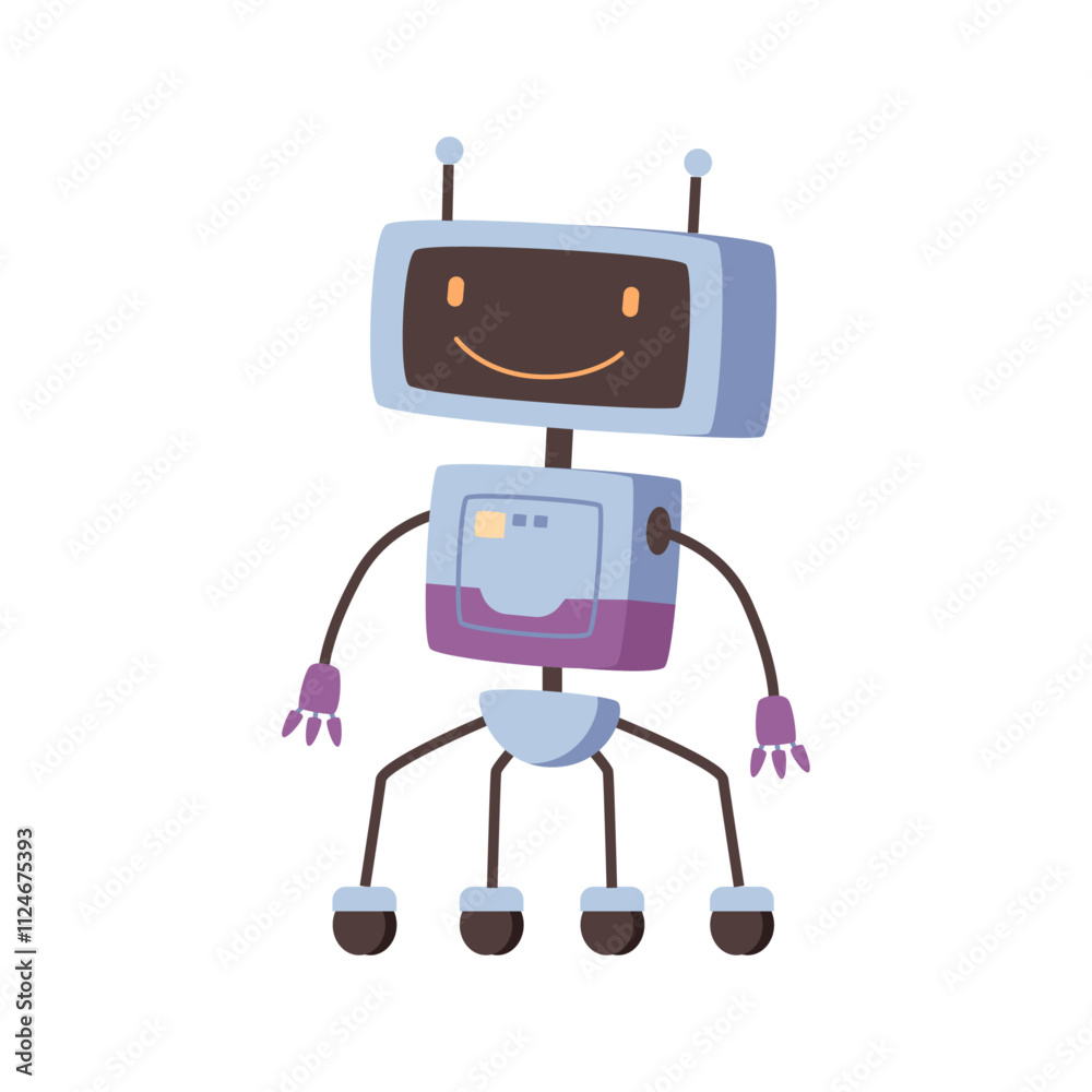 Humanoid or robot with smiling facial expression and wheeled legs. Vector isolated artificial intelligence helper with friendly appearance. Cyborg for game, character from future, mascot or machine Humanoid or robot with smiling facial expression and wheeled legs. Vector isolated artificial intelligence helper with friendly appearance. Cyborg for game, character from future, mascot or machine