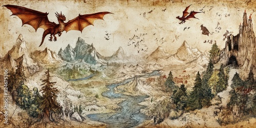 Fantasy-themed map with dragons, enchanted rivers, hidden mountains, hand-drawn artistic details, with text space on the upper half. photo