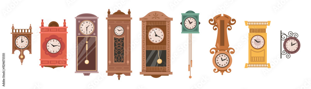 Retro antique clock collection, isolated timekeepers made from wood and metal, plastic and glass. Vector wall and longcase watches. Hourglasses, classic aesthetics and vintage themed interior decor