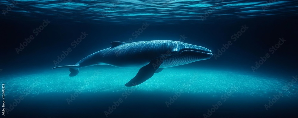 Obraz premium Whale swimming through a glowing bioluminescent ocean, majestic and calm