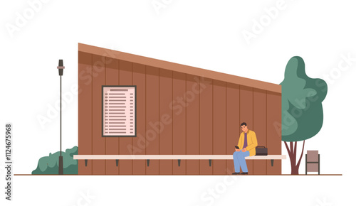 Bus stop or public transport place with timetable and bench for passengers to wait and sit. Vector isolated location with board, seat and bin. City or town commuting and traveling station