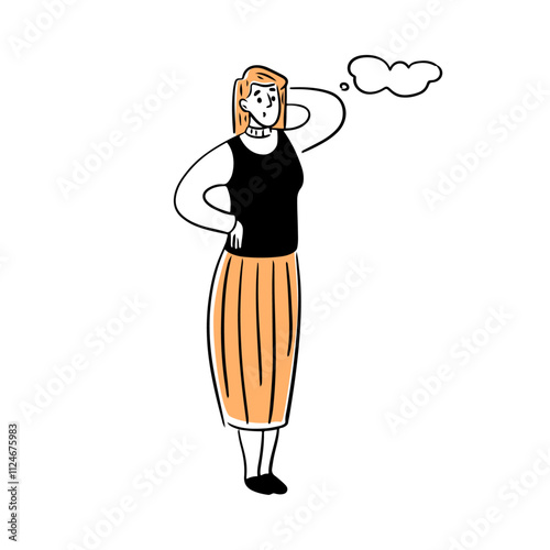 Girl thinking or brainstorming on problem solutions. Vector flat cartoon character, isolated female personage with thought bubble doodle raising hand to head. Pensive or thoughtful girl