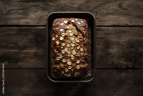 Overhead Shot of Oatmeal Loaf in Baking Pan photo