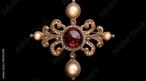 A beautifully crafted golden brooch featuring a central red stone and pearl accents, showcasing intricate design and elegance.