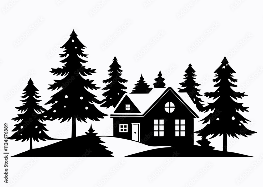 Black Silhouette of Winter Houses with Snow and Trees - Minimalist Holiday Scene