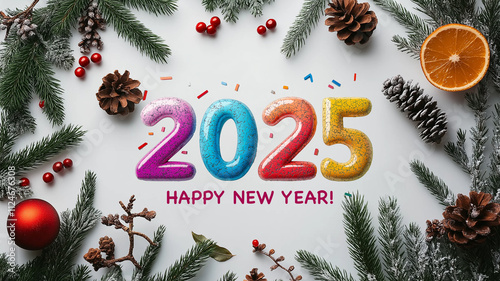 2025 Happyh New Banner with Christmas ornaments around, generative ai photo