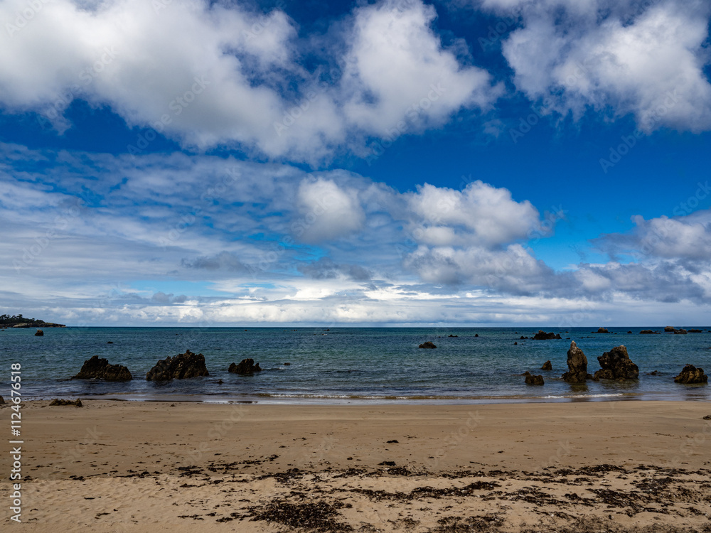 Trengandin beach, in Noja (Cantabria). Cantabrian Sea. Rocks on the beach. Trengandin beach, in Noja (Cantabria). Cantabrian Sea. Rocks on the beach.