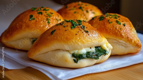 Soft Armenian boreg pastries filled with cheese, spinach, and herbs, ready to be torn apart. photo