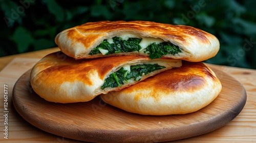 Soft Armenian boreg pastries filled with cheese, spinach, and herbs, ready to be torn apart. photo