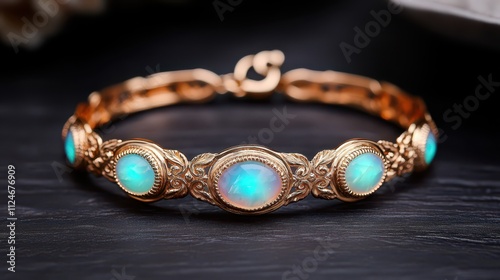 A stunning golden bracelet featuring opal stones, showcasing intricate designs and a luxurious shine, perfect for elegant occasions.