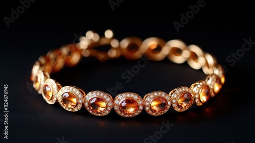 A stunning gold bracelet featuring sparkling amber gemstones, elegantly displayed against a dark background.