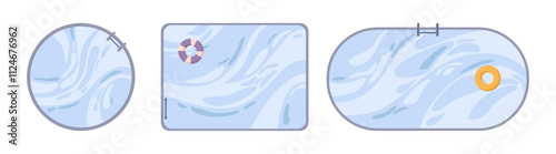 Pools set, architectural outdoor recreation and relaxation space element, top view. Vector water feature for swimming. Urban and out of city landscape. Isolated objects for map, design project or plan