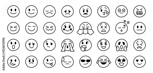 Emotions grayscale faces collection. Vector monochrome social media with different facial expressions with minimalist effect. Isolated smiling and crying, angry and happy UI interface icons