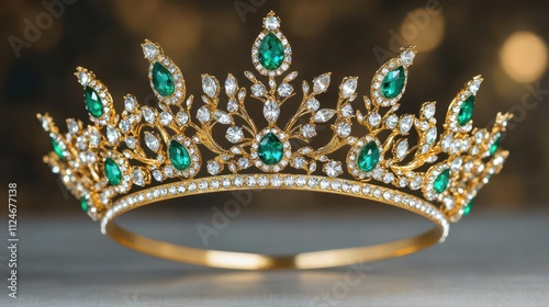 A stunning gold crown adorned with emeralds and diamonds, showcasing intricate design elements and sparkling beauty.
