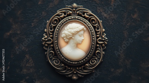 A vintage cameo pendant featuring an elegant profile of a woman, beautifully framed in ornate detailing against a dark backdrop.