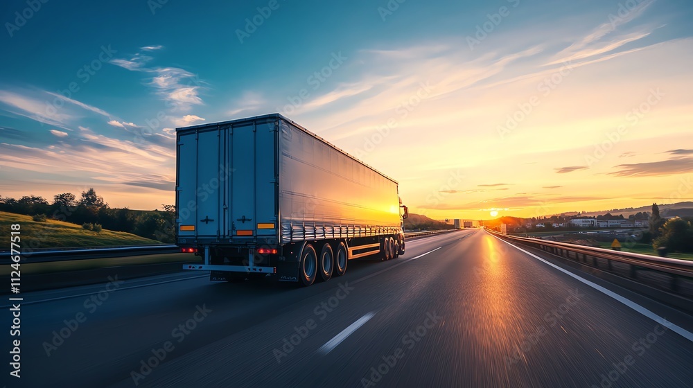 A semi-truck drives down a highway at sunset. A semi-truck drives down a highway at sunset.