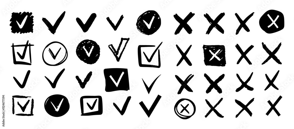 Ticks and marks for checkboxes and checklists. Vector hand drawn element icon, approving or voting, confirmation or positive answer yes. Pencil, charcoal or ink symbols of agreement or correct test Ticks and marks for checkboxes and checklists. Vector hand drawn element icon, approving or voting, confirmation or positive answer yes. Pencil, charcoal or ink symbols of agreement or correct test