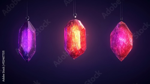 Three glowing, colorful crystals suspended in darkness, showcasing vibrant hues of purple and red, creating a mystical and enchanting atmosphere.