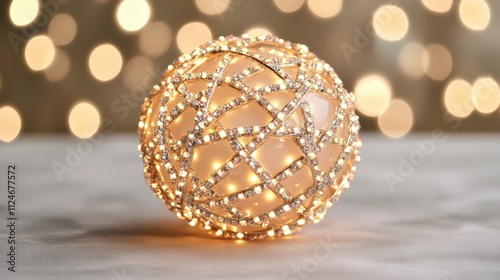 A beautifully crafted decorative sphere adorned with glowing lights, set against a soft, blurred background of warm bokeh.
