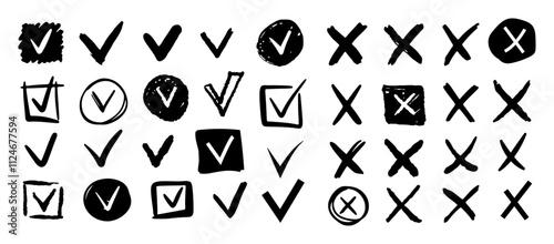 Ticks and marks for checkboxes and checklists. Vector hand drawn element icon, approving or voting, confirmation or positive answer yes. Pencil, charcoal or ink symbols of agreement or correct test
