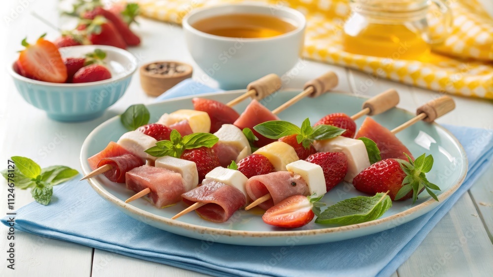 Playful prosciutto and fruit skewer platter presentation Playful prosciutto and fruit skewer platter presentation