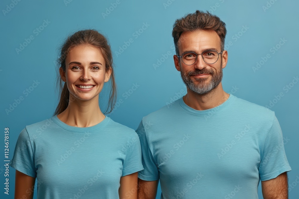 Smiling couple poses together in matching blue shirts against a solid background Smiling couple poses together in matching blue shirts against a solid background