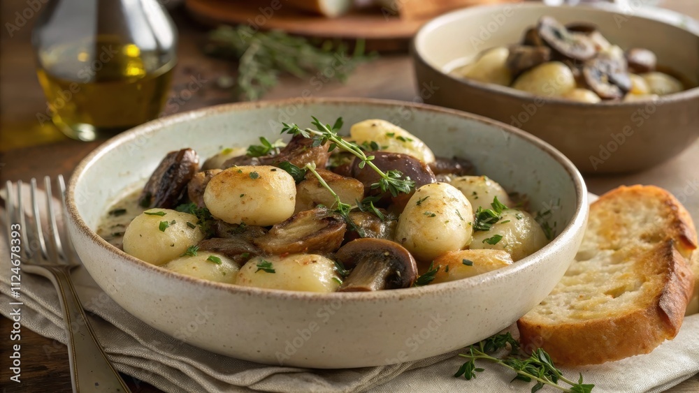 Rustic mushroom gnocchi served in deep ceramic bowl with herbs Rustic mushroom gnocchi served in deep ceramic bowl with herbs