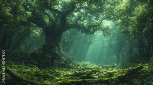 Wallpaper Mural Sunbeams pierce a mystical, moss-covered forest, illuminating an ancient tree at its heart. Torontodigital.ca