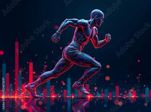 Geometric shapes forming a dynamic athlete figure, overlaid with digital stock market graphs, symbolizing sports business growth- Generative Ai 