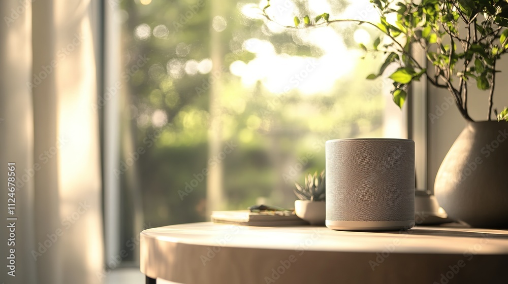 Realistic daylight image of a small speaker on a stylish table,close-up perspective Realistic daylight image of a small speaker on a stylish table,close-up perspective