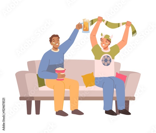 Friends cheerleader fans watching match on sofa fan spending time gesturing and screaming chants. Male football team supporters watching sport match, excited guys celebrating victory