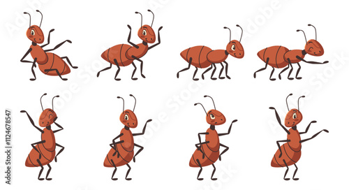 Cartoon ants, isolated insects with smiling expressions. Vector mascot bugs running and standing. Formicidae social creatures in action poses. Fauna and environment. Ecosystem and zoology