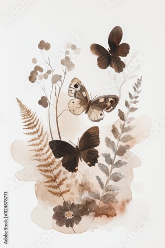 Watercolor painting of butterflies and wildflowers in sepia tones.