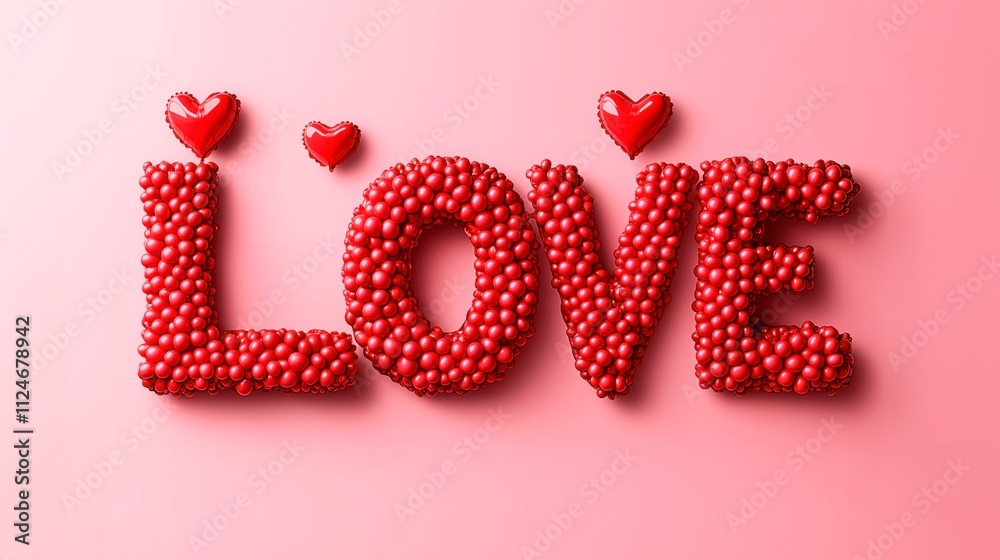 Unique love design created with red balloons and red hearts on pink backdrop Unique love design created with red balloons and red hearts on pink backdrop