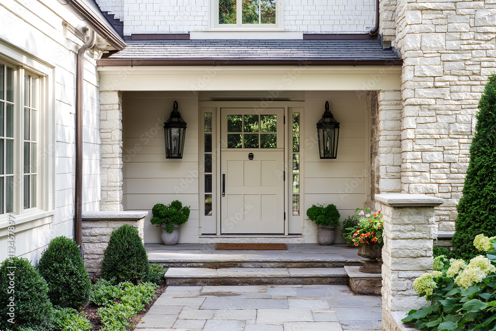 A classic front door, flanked by lanterns and framed with large windows, leads to an elegant stone porch surrounded by lush greenery. The home's exterior is painted in crisp white tones. A classic front door, flanked by lanterns and framed with large windows, leads to an elegant stone porch surrounded by lush greenery. The home's exterior is painted in crisp white tones.
