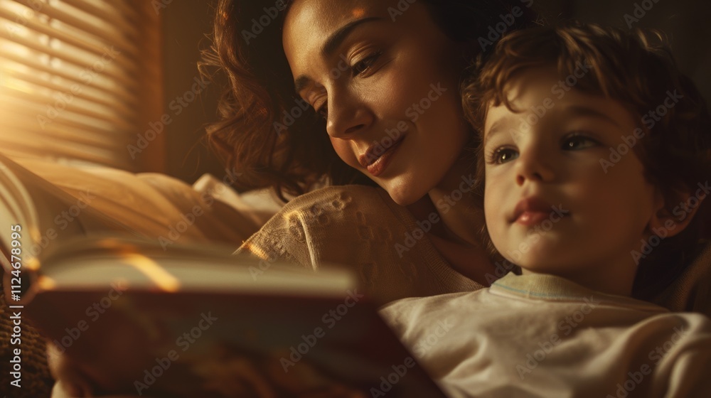 A woman and a child are engrossed in reading a book together. A woman and a child are engrossed in reading a book together.