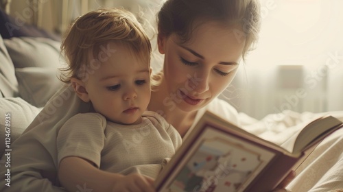 A serene moment Of a woman reading a book to a baby with the woman's face blurred and the baby intently focused on the pages.