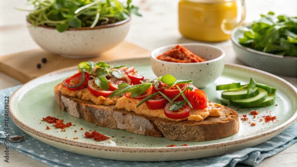 Vegan Bruschetta with Vegetables on Rustic Ceramic Plate Vegan Bruschetta with Vegetables on Rustic Ceramic Plate