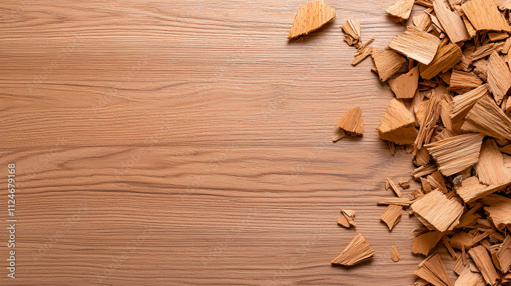 Wooden surface with scattered wood chips, creating a natural and rustic background texture. Wooden surface with scattered wood chips, creating a natural and rustic background texture.