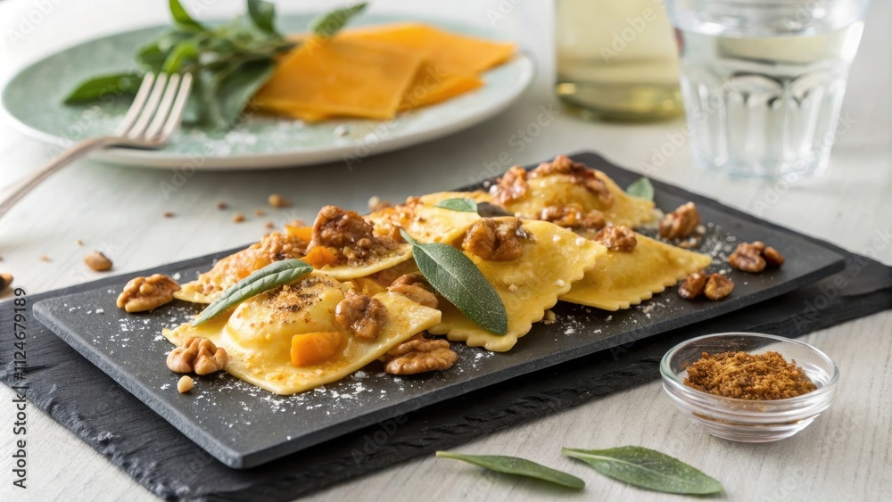 Vibrant butternut squash ravioli served with nuts and sage Vibrant butternut squash ravioli served with nuts and sage
