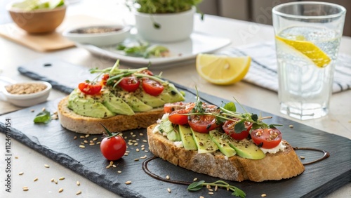 Vibrant avocado bruschetta on slate with cherry tomatoes and lemon