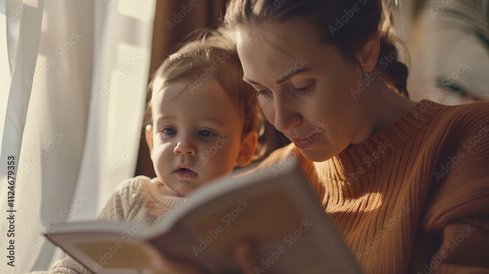 Obraz premium A woman in an orange sweater reads a book to a toddler-age child in a cozy setting.