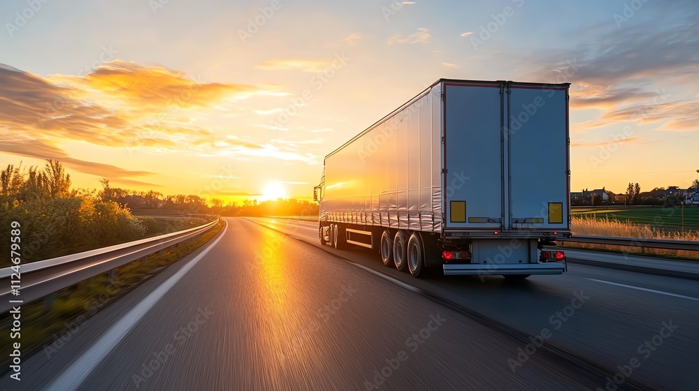 A semi-truck drives along a highway at sunset.