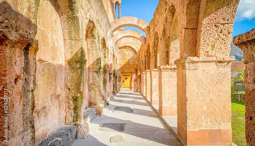 Arched columns and old brick wall of Odzun Church. Armenian basilica constructed around the 5th–7th century in the Odzun village of the Lori Province of Armenia photo